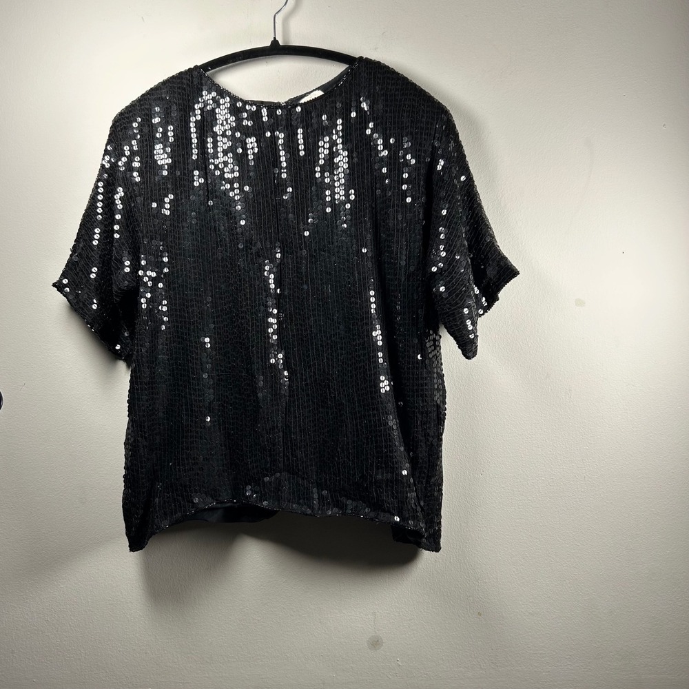 J.L.B. Sequin Top Womens Large Black 80s Silk Short Sleeve Evening Blouse event